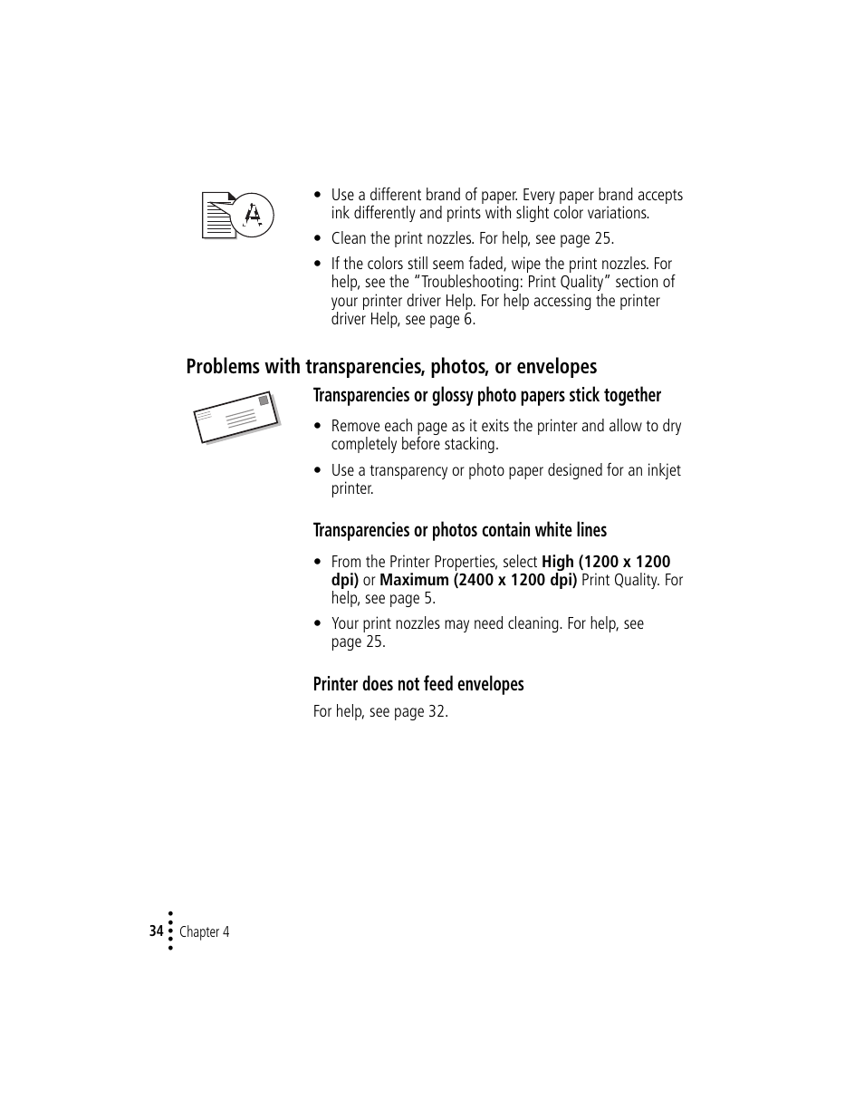 Problems with transparencies, photos, or envelopes, Transparencies or photos contain white lines, Printer does not feed envelopes | Compaq IJ1200 User Manual | Page 38 / 48