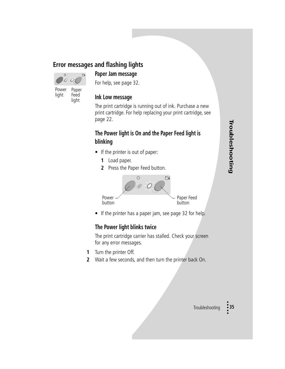 Error messages and flashing lights, Error messages and flashing lights 35, Paper jam message | Ink low message, The power light blinks twice | Compaq IJ1200 User Manual | Page 39 / 48