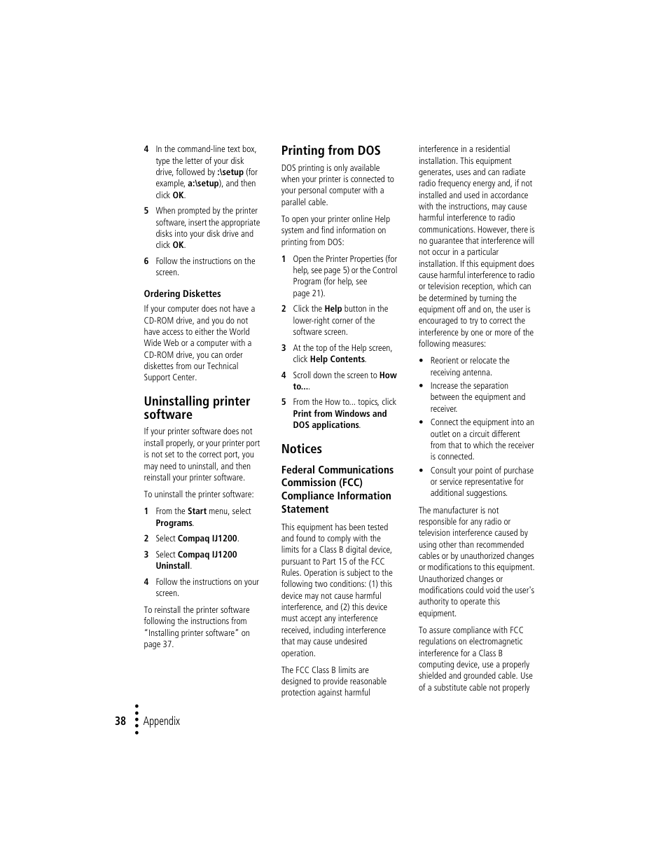 Uninstalling printer software, Printing from dos, Notices | Uninstalling printer software 38, Printing from dos 38, Notices 38, Appendix 38 | Compaq IJ1200 User Manual | Page 42 / 48