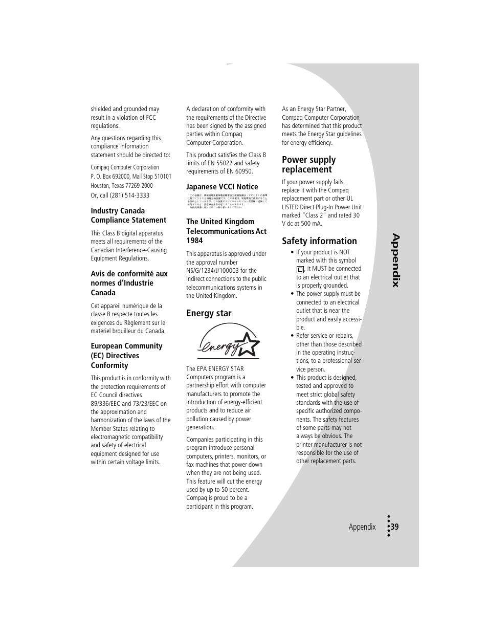 Energy star, Power supply replacement, Safety information | Energy star 39, Power supply replacement 39, Safety information 39, Appendix | Compaq IJ1200 User Manual | Page 43 / 48