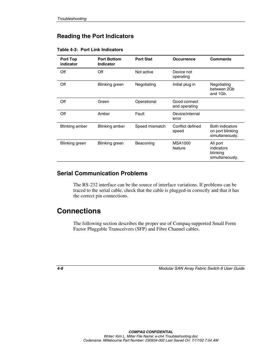 Reading the port indicators, Serial communication problems, Connections | Reading the port indicators -6, Serial communication problems -6, Connections -6 | Compaq 230934-002 User Manual | Page 100 / 170