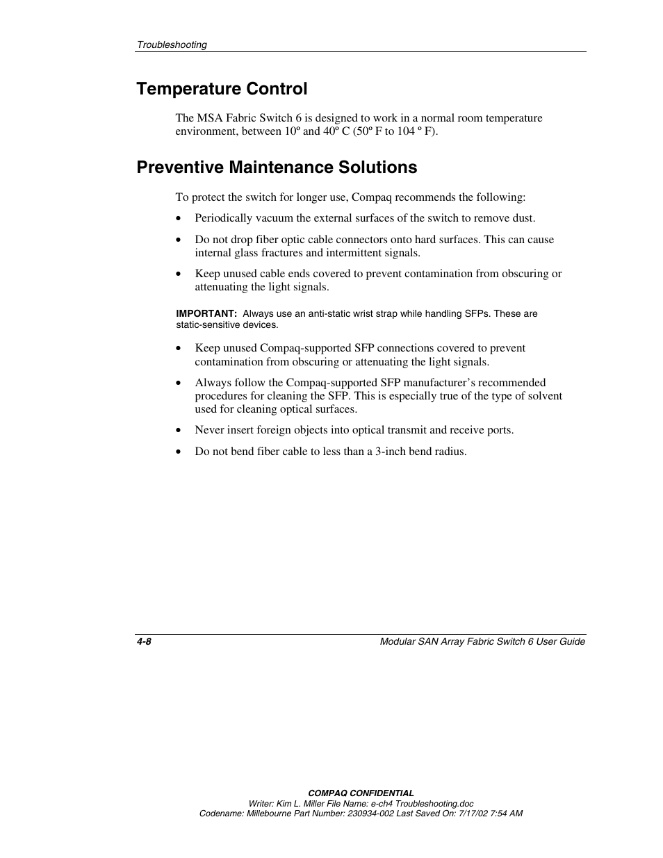 Temperature control, Preventive maintenance solutions, Temperature control -8 | Preventative maintenance solutions -8 | Compaq 230934-002 User Manual | Page 102 / 170
