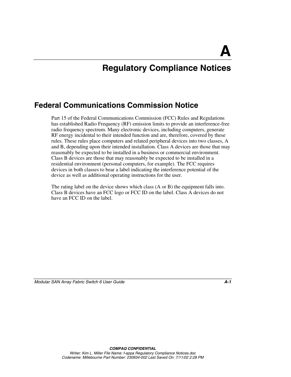 A: regulatory compliance notices, Federal communications commission notice, Appendix a | Regulatory compliance notices | Compaq 230934-002 User Manual | Page 103 / 170