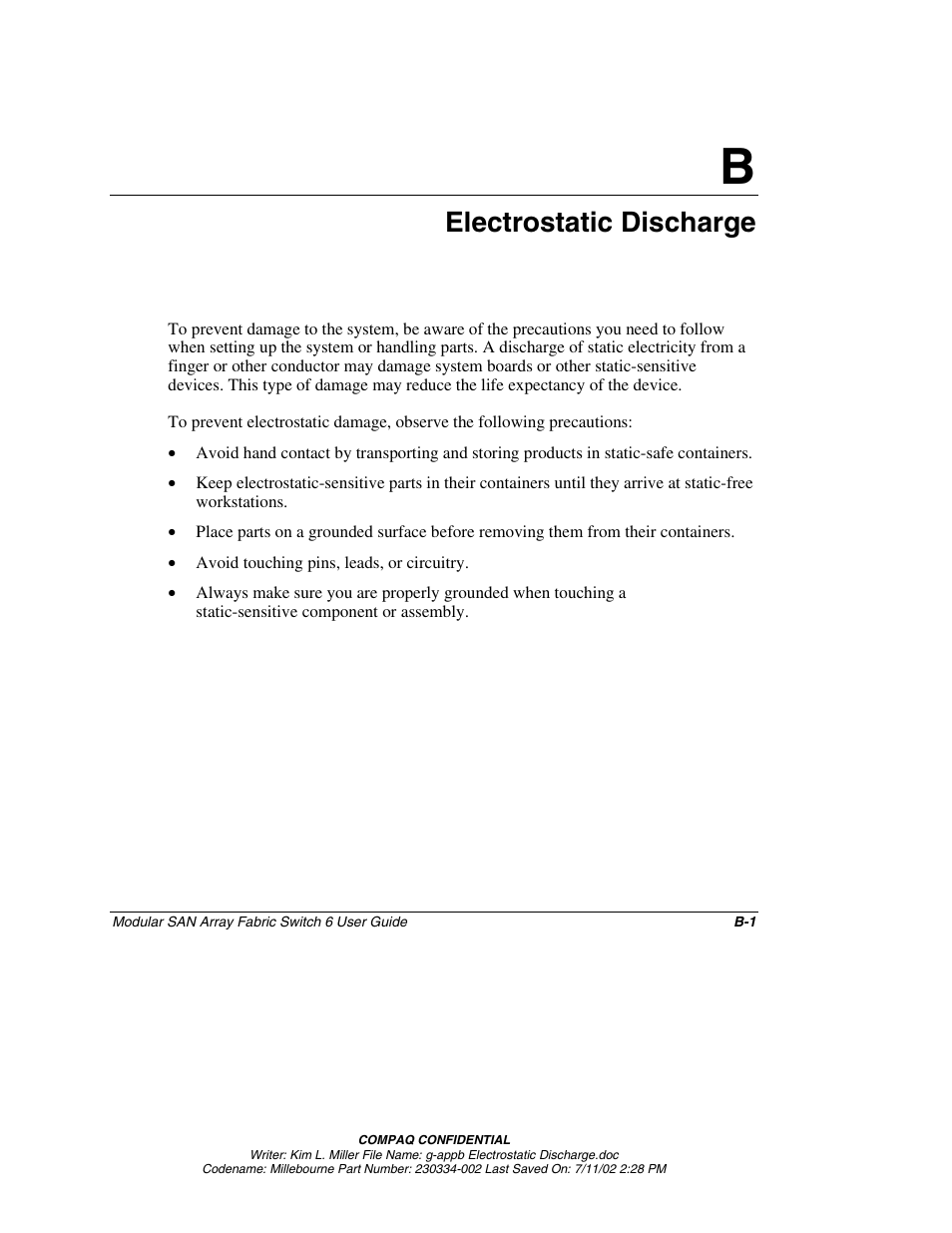 B: electrostatic discharge, Appendix b, Electrostatic discharge | Compaq 230934-002 User Manual | Page 106 / 170
