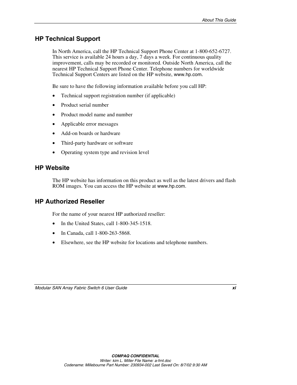 Hp technical support, Hp website, Hp authorized reseller | Compaq 230934-002 User Manual | Page 11 / 170