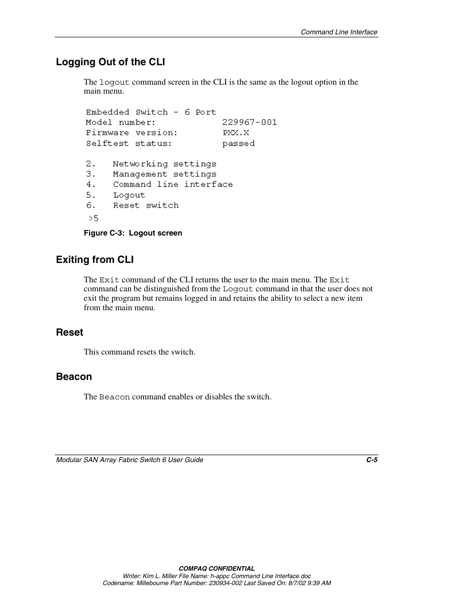 Logging out of the cli, Exiting from cli, Reset | Beacon | Compaq 230934-002 User Manual | Page 112 / 170