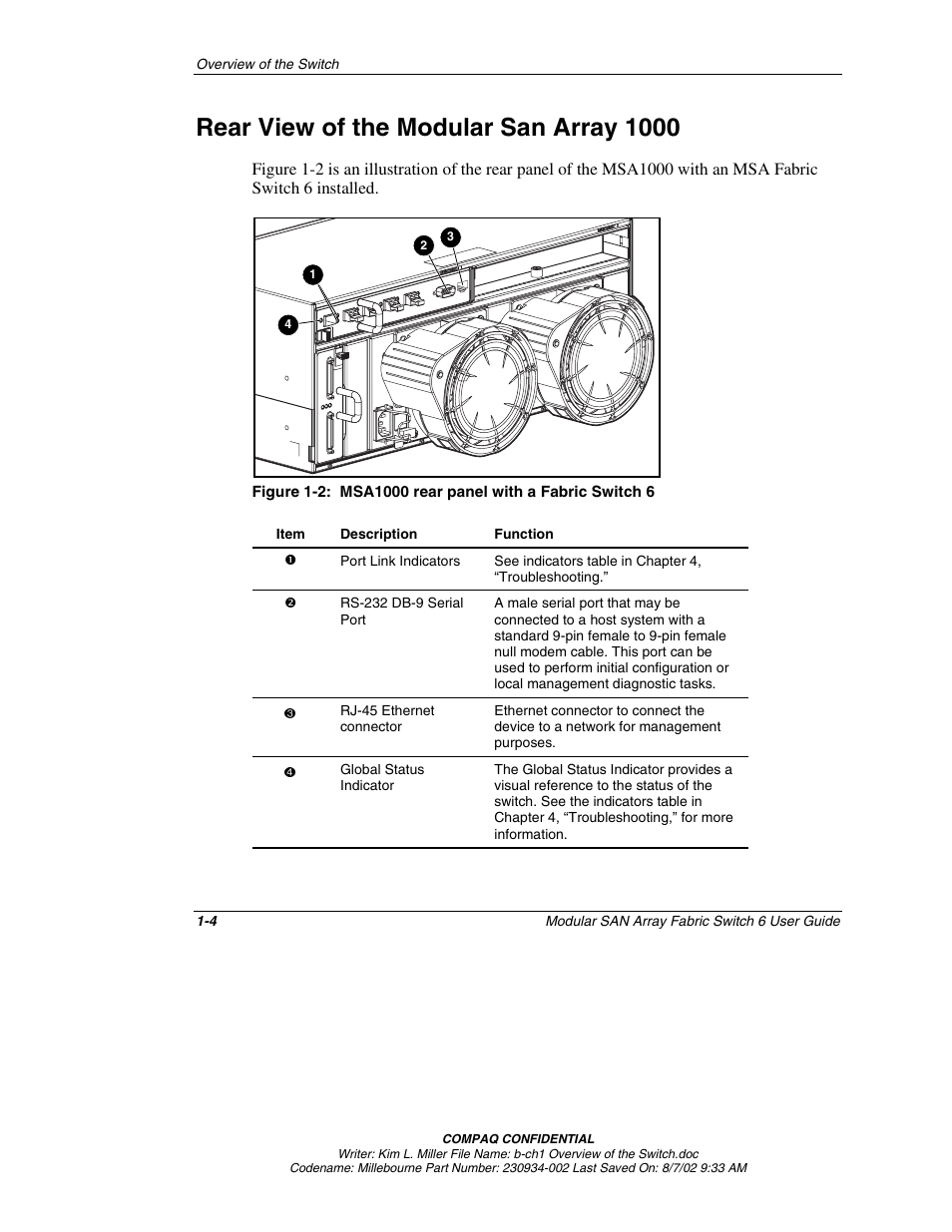 Rear view of the modular san array 1000, Rear view of the modular san array 1000 -4 | Compaq 230934-002 User Manual | Page 15 / 170