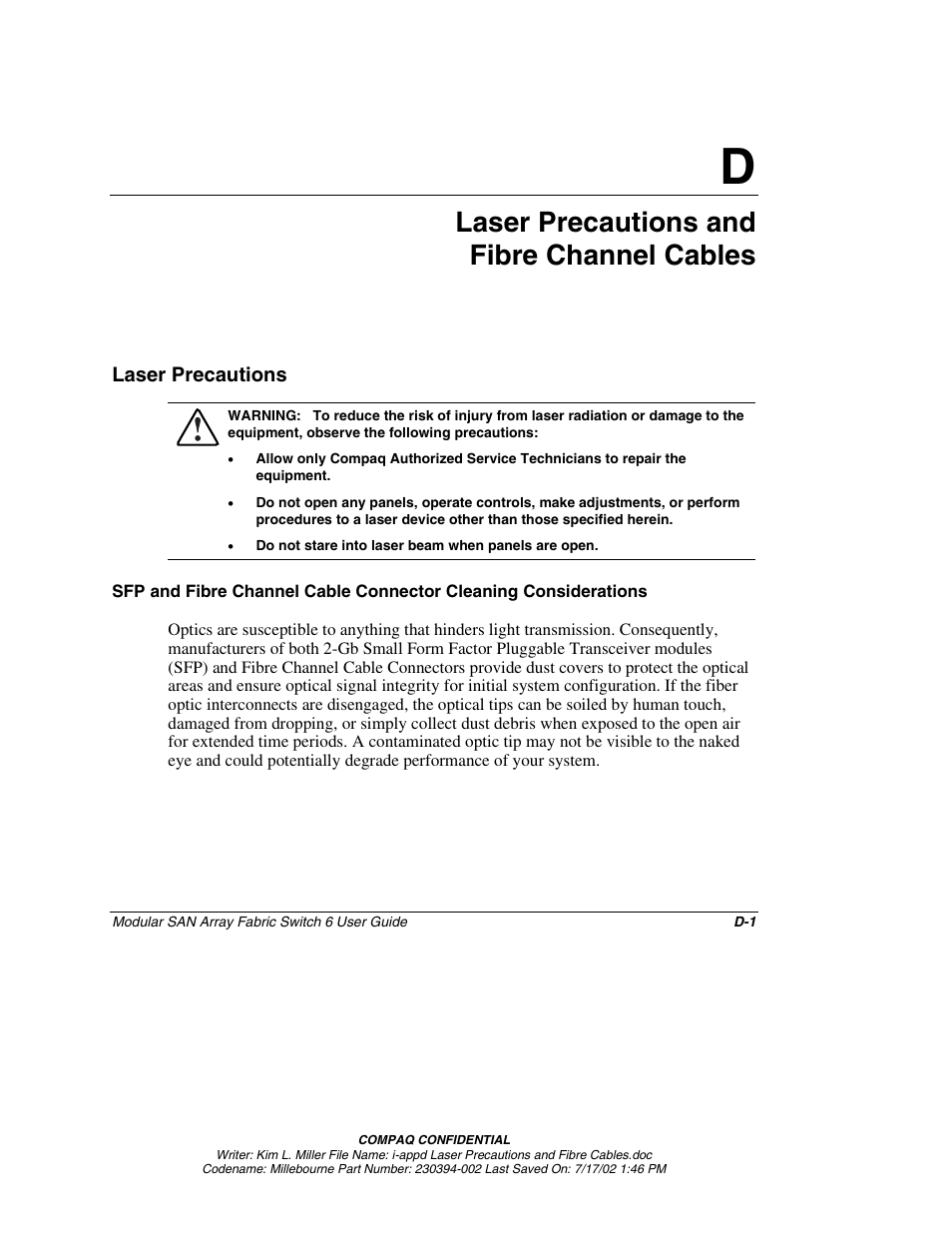 D: laser precautions and fibre channel cables, Laser precautions, Appendix d | Laser precautions and fibre cables, Laser precautions and fibre channel cables | Compaq 230934-002 User Manual | Page 157 / 170
