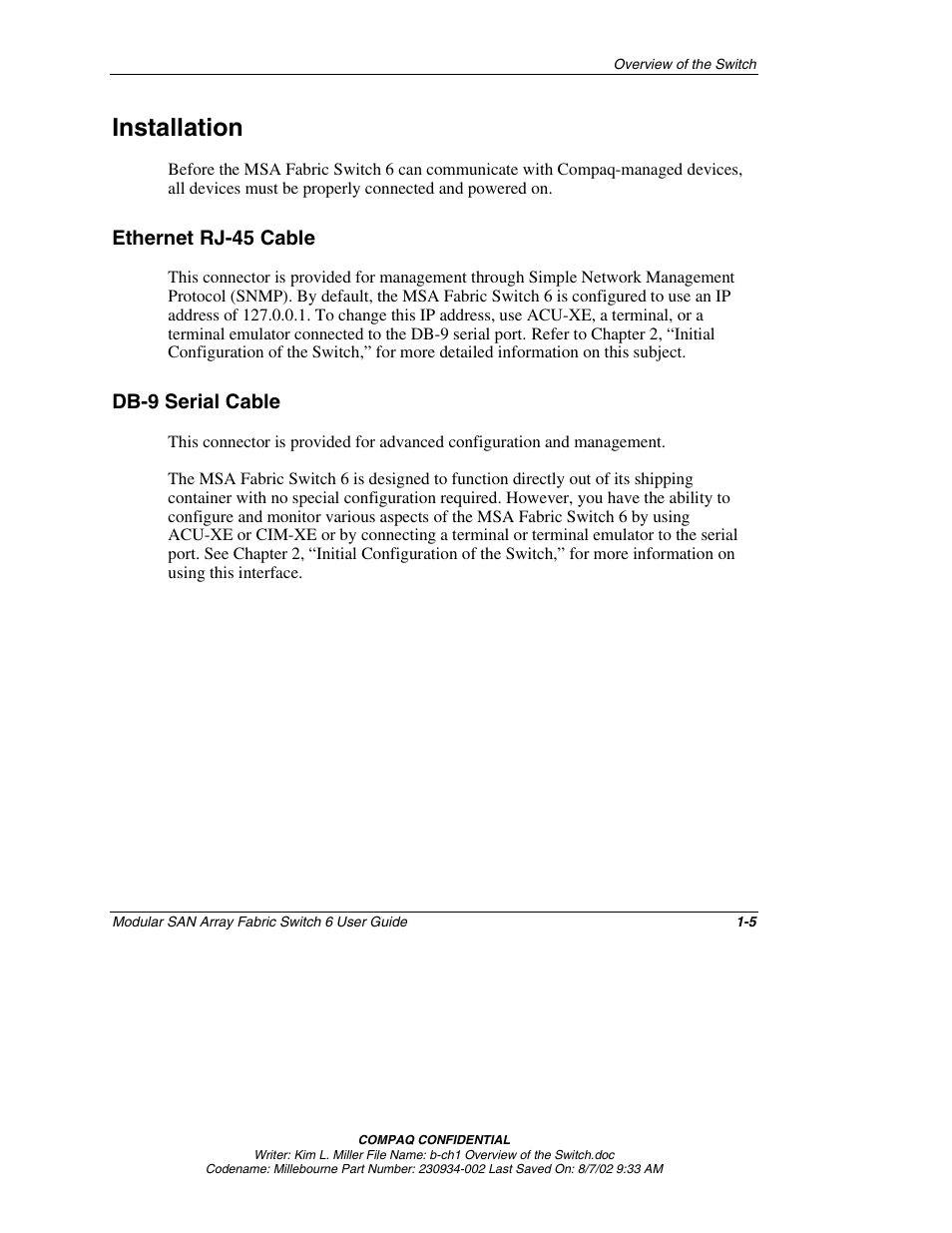 Installation, Ethernet rj-45 cable, Db-9 serial cable | Installation -5, Ethernet rj-45 cable -5, Db-9 serial cable -5 | Compaq 230934-002 User Manual | Page 16 / 170