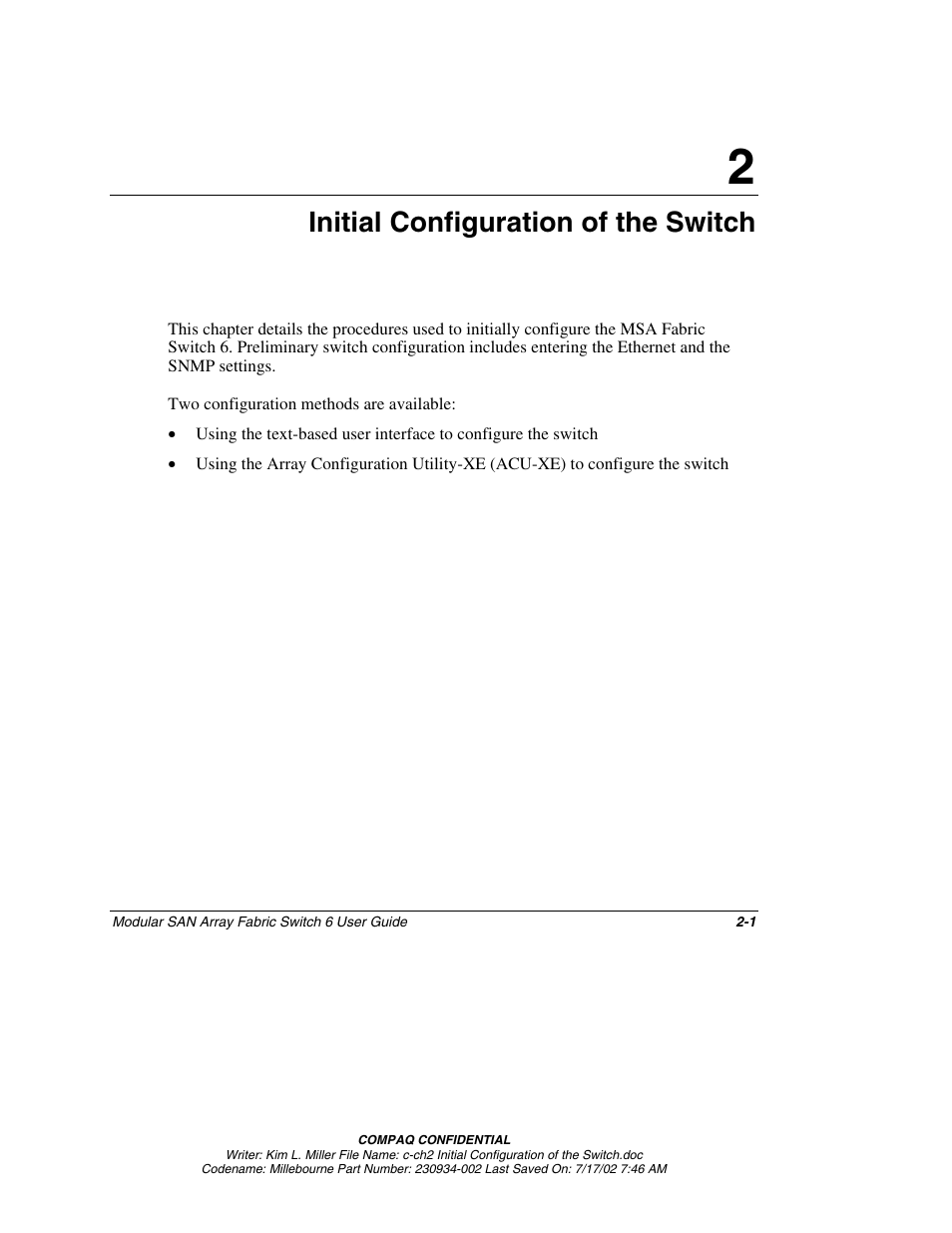 Initial configuration of the switch, Chapter 2 | Compaq 230934-002 User Manual | Page 18 / 170