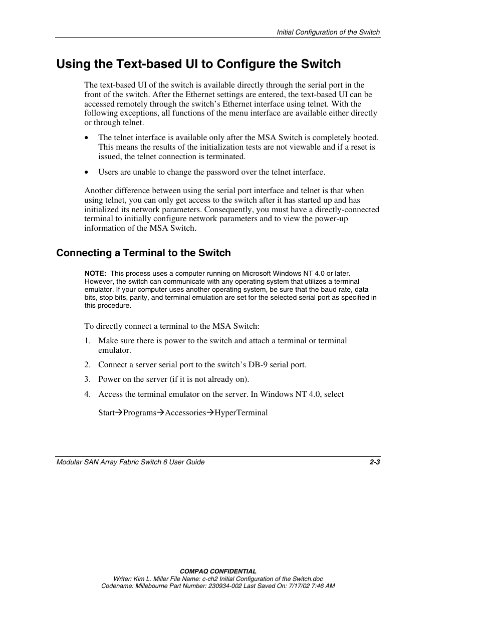 Using the text-based ui to configure the switch, Connecting a terminal to the switch, Using the text-based ui to configure the switch -3 | Connecting a terminal to the switch -3 | Compaq 230934-002 User Manual | Page 20 / 170