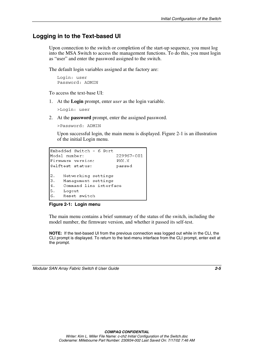 Logging in to the text-based ui, Logging in to the text-based ui -5 | Compaq 230934-002 User Manual | Page 22 / 170