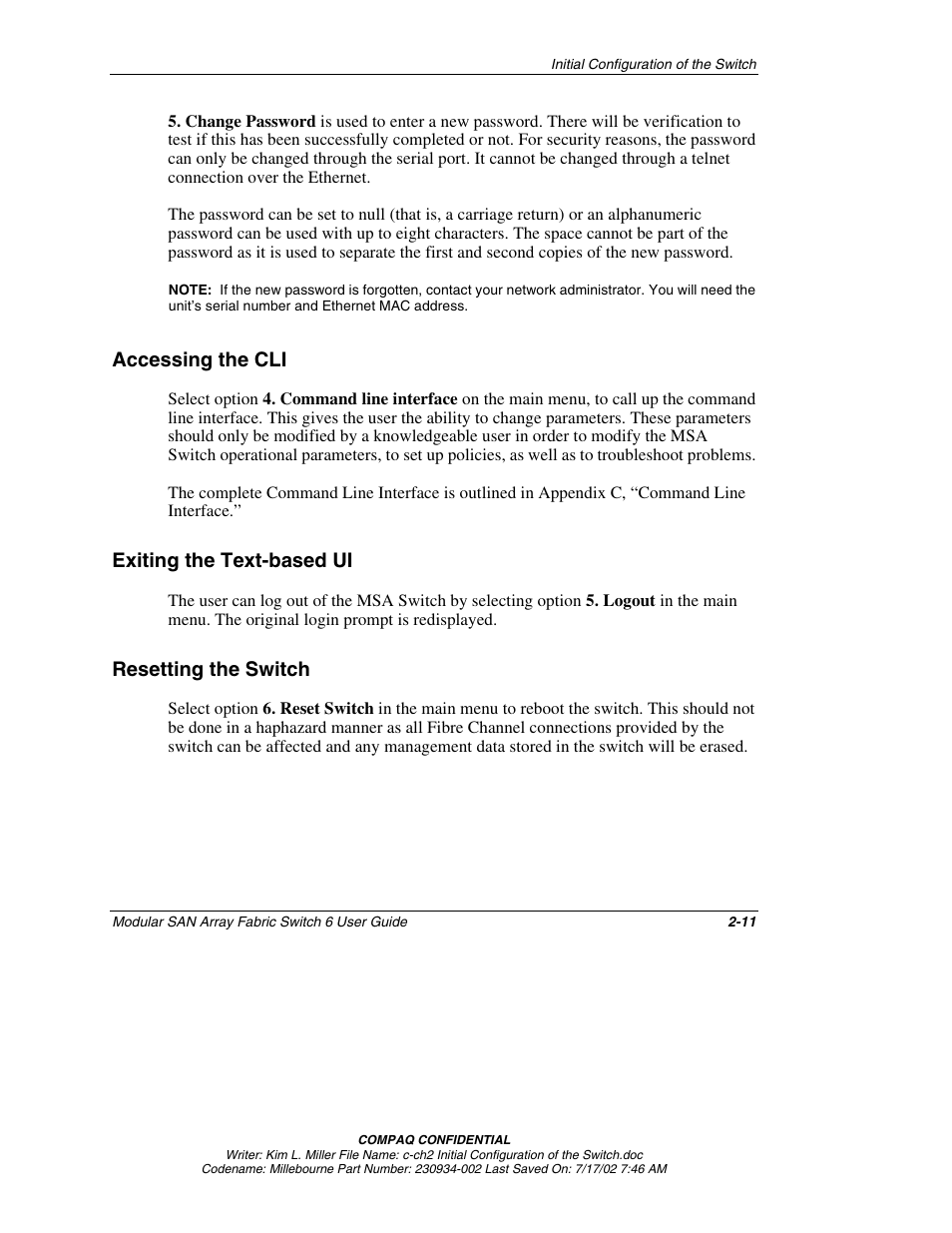 Accessing the cli, Exiting the text-based ui, Resetting the switch | Accessing the cli -11, Exiting the text-based ui -11, Resetting the switch -11 | Compaq 230934-002 User Manual | Page 28 / 170