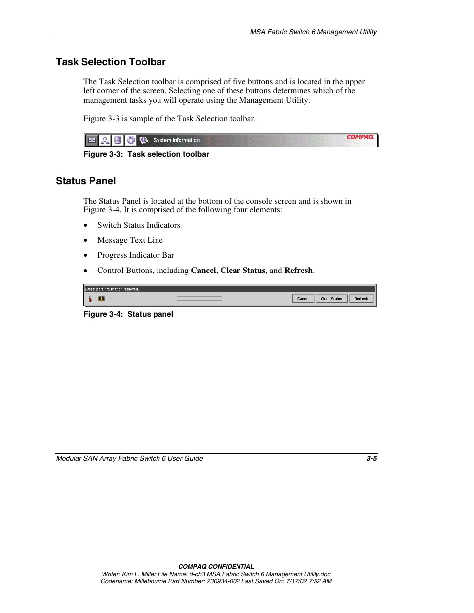 Task selection toolbar, Status panel, Task selection toolbar -5 | Status panel -5 | Compaq 230934-002 User Manual | Page 40 / 170