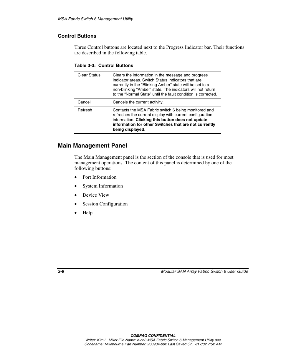 Control buttons, Main management panel, Main management panel -8 | Compaq 230934-002 User Manual | Page 43 / 170