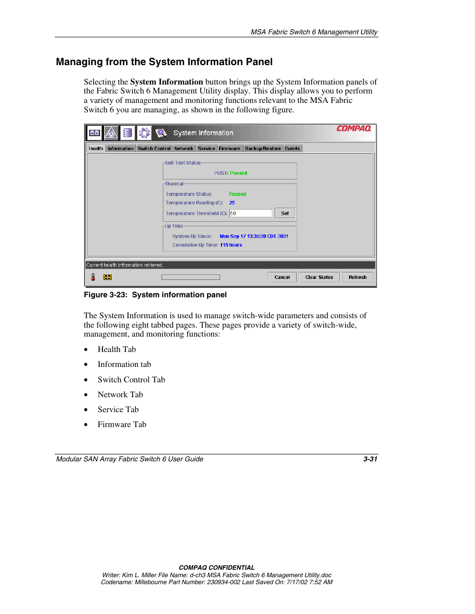 Managing from the system information panel, Managing from the system information panel -31 | Compaq 230934-002 User Manual | Page 66 / 170