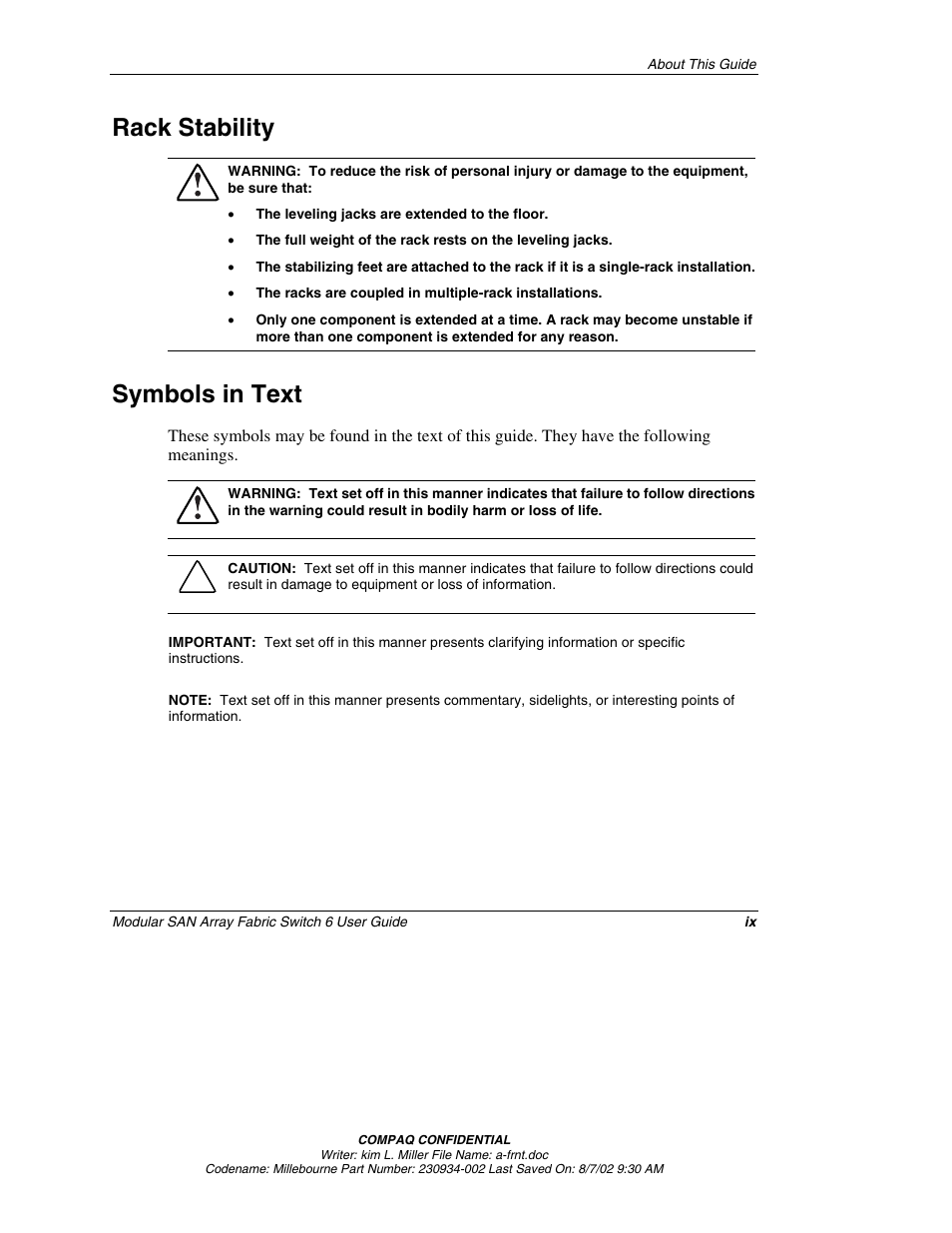 Rack stability, Symbols in text | Compaq 230934-002 User Manual | Page 9 / 170