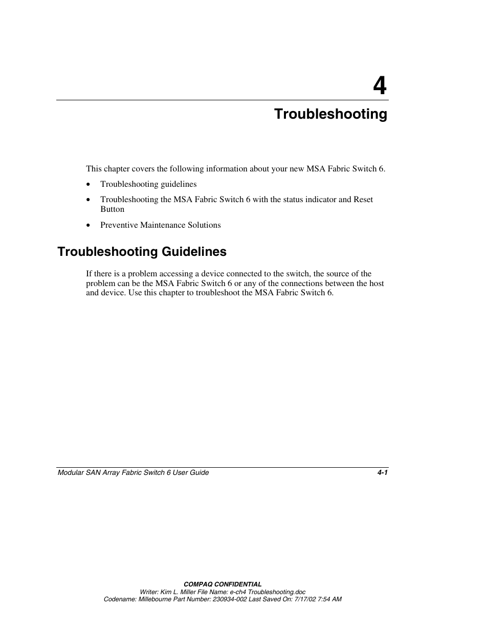 Troubleshooting, Troubleshooting guidelines, Chapter 4 | Troubleshooting guidelines -1 | Compaq 230934-002 User Manual | Page 95 / 170