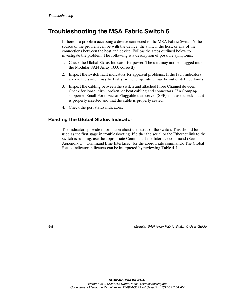 Troubleshooting the msa fabric switch 6, Reading the global status indicator, Troubleshooting the msa fabric switch 6 -2 | Reading the global status indicator -2 | Compaq 230934-002 User Manual | Page 96 / 170