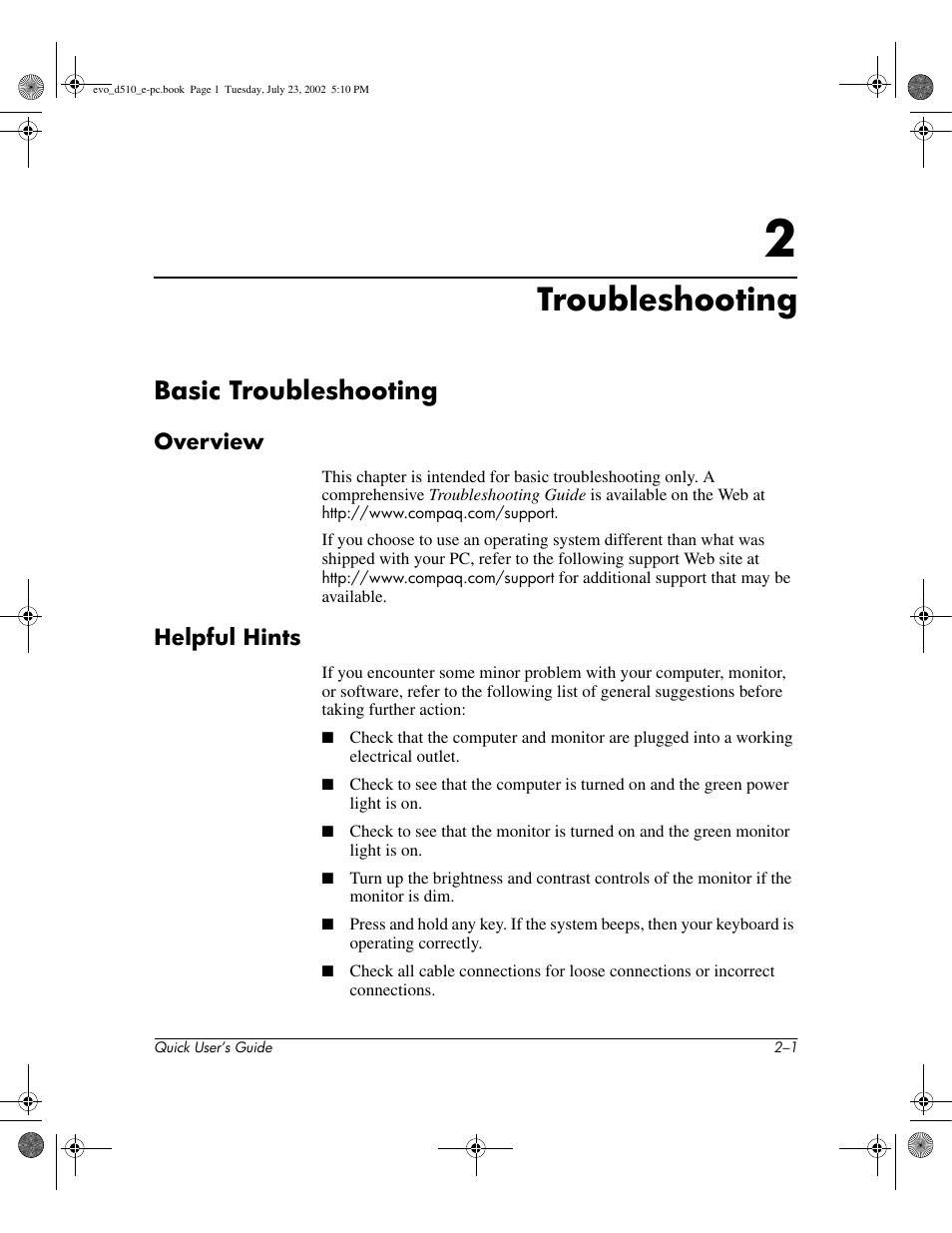 Troubleshooting, Basic troubleshooting | Compaq Evo D510 e-pc User Manual | Page 11 / 35