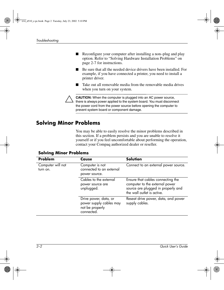 Solving minor problems | Compaq Evo D510 e-pc User Manual | Page 12 / 35