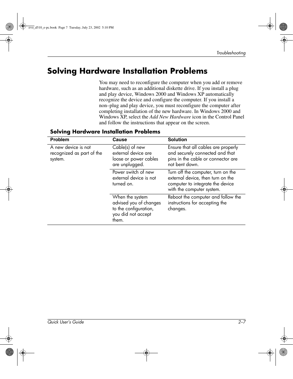 Solving hardware installation problems | Compaq Evo D510 e-pc User Manual | Page 17 / 35
