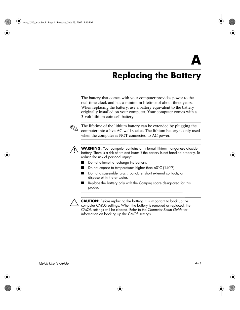 Replacing the battery | Compaq Evo D510 e-pc User Manual | Page 19 / 35