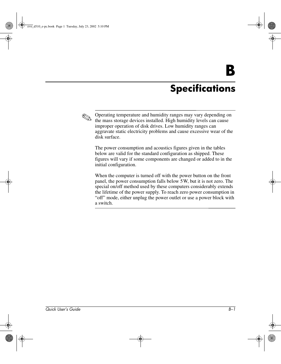 Specifications | Compaq Evo D510 e-pc User Manual | Page 23 / 35