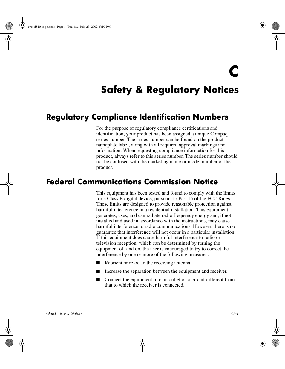 Safety & regulatory notices, Regulatory compliance identification numbers, Federal communications commission notice | Compaq Evo D510 e-pc User Manual | Page 25 / 35