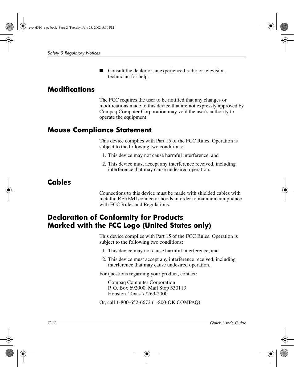 Modifications, Mouse compliance statement, Cables | Compaq Evo D510 e-pc User Manual | Page 26 / 35