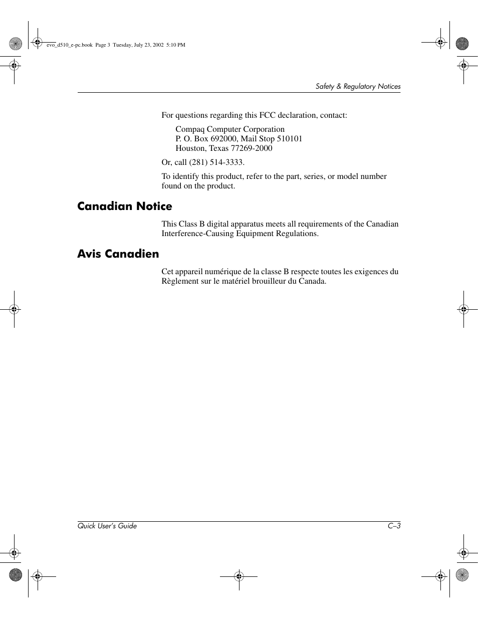 Canadian notice, Avis canadien | Compaq Evo D510 e-pc User Manual | Page 27 / 35