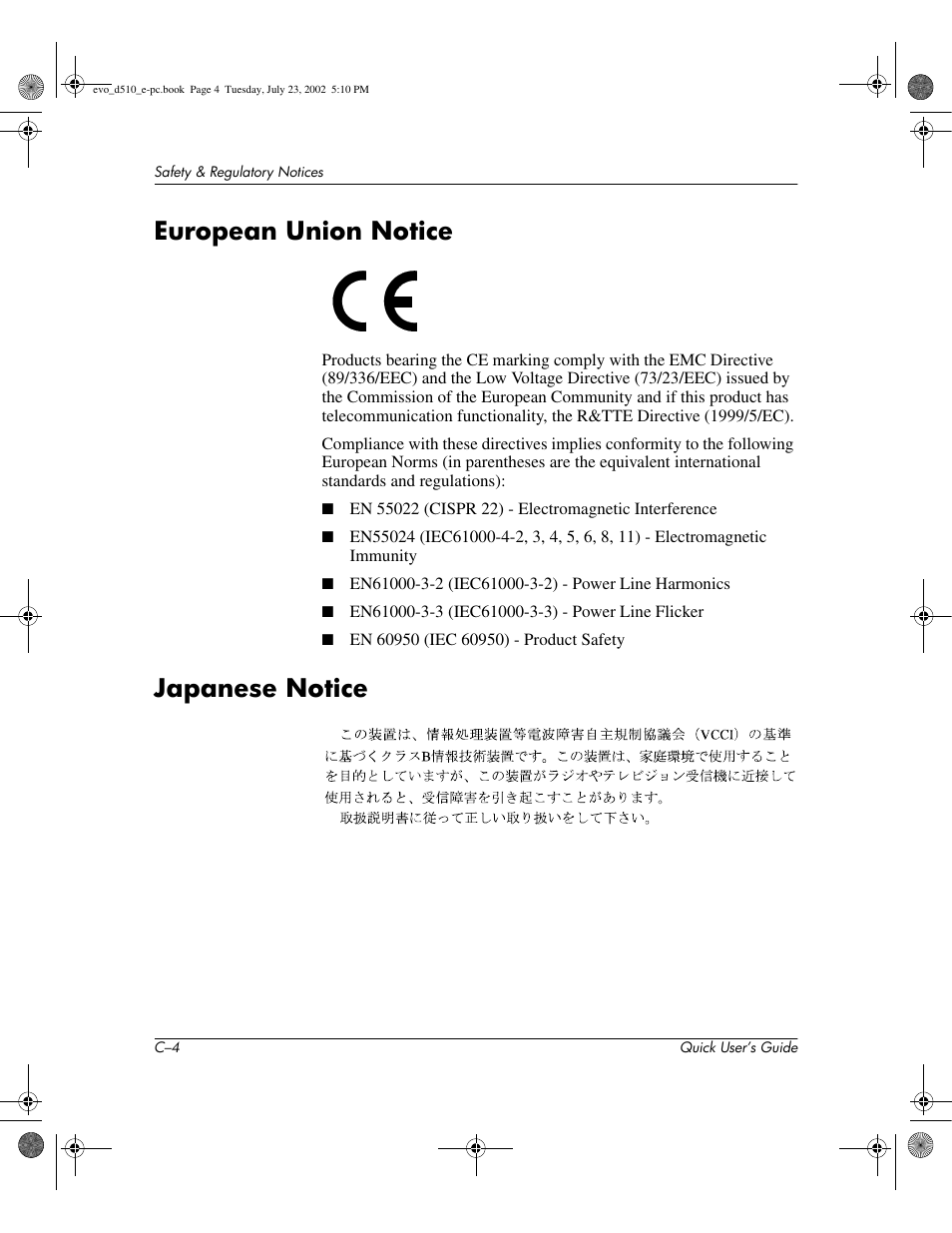 European union notice, Japanese notice | Compaq Evo D510 e-pc User Manual | Page 28 / 35