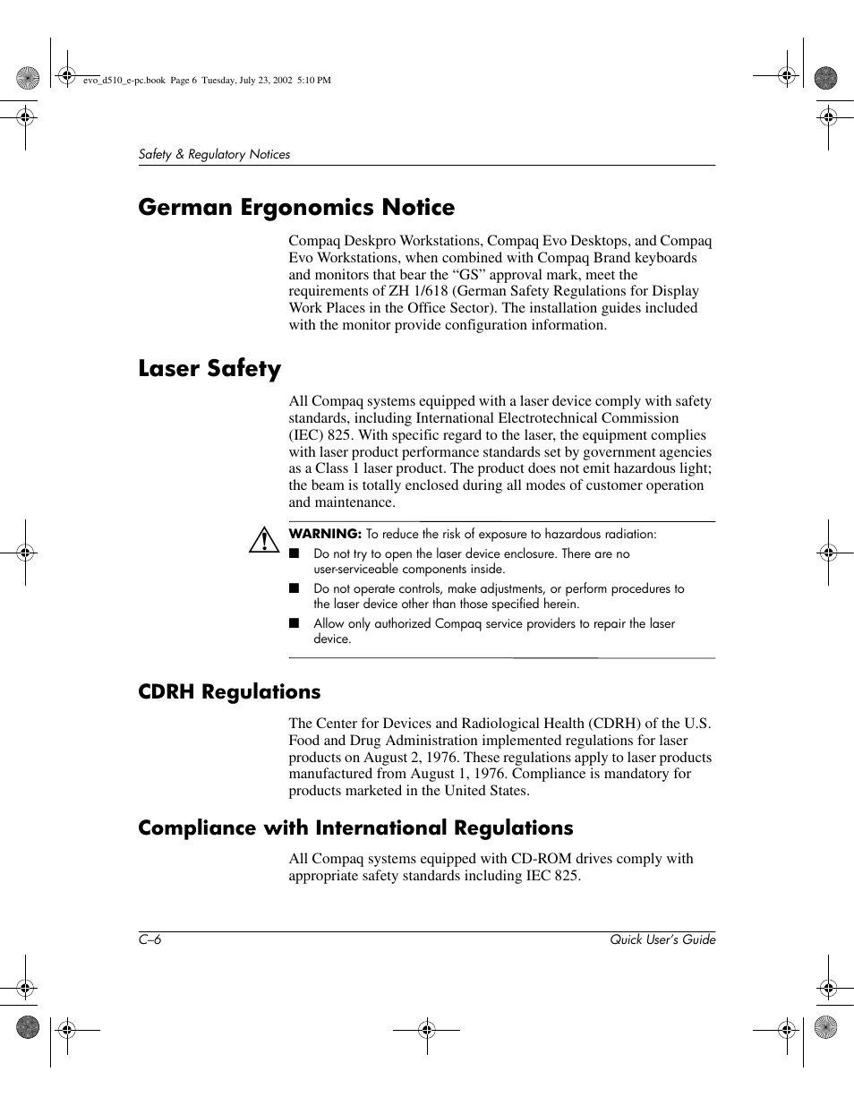 German ergonomics notice, Laser safety, Cdrh regulations | Compliance with international regulations | Compaq Evo D510 e-pc User Manual | Page 30 / 35