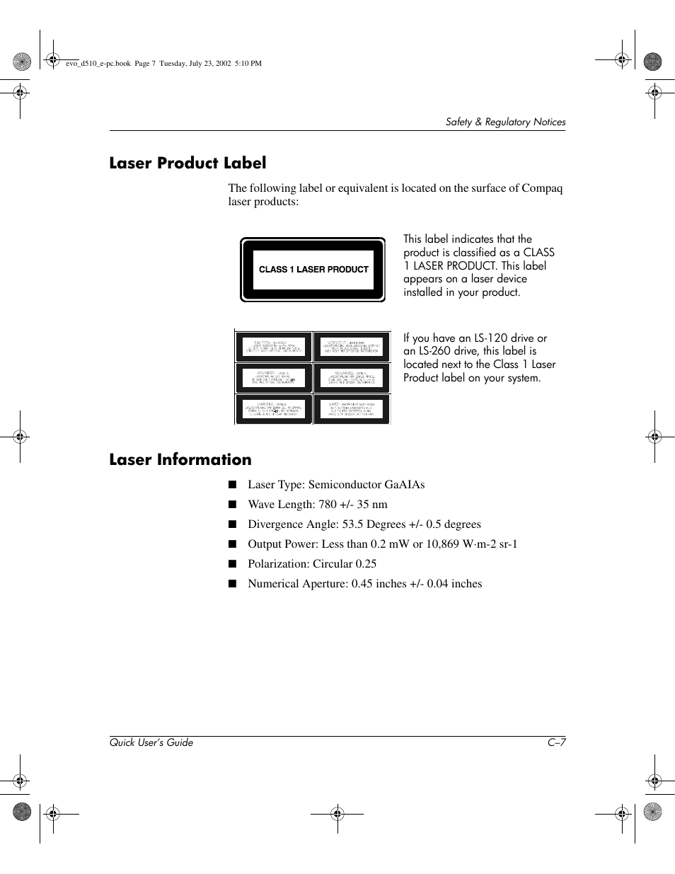 Laser product label, Laser information | Compaq Evo D510 e-pc User Manual | Page 31 / 35