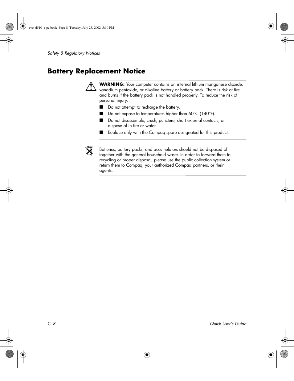 Battery replacement notice | Compaq Evo D510 e-pc User Manual | Page 32 / 35