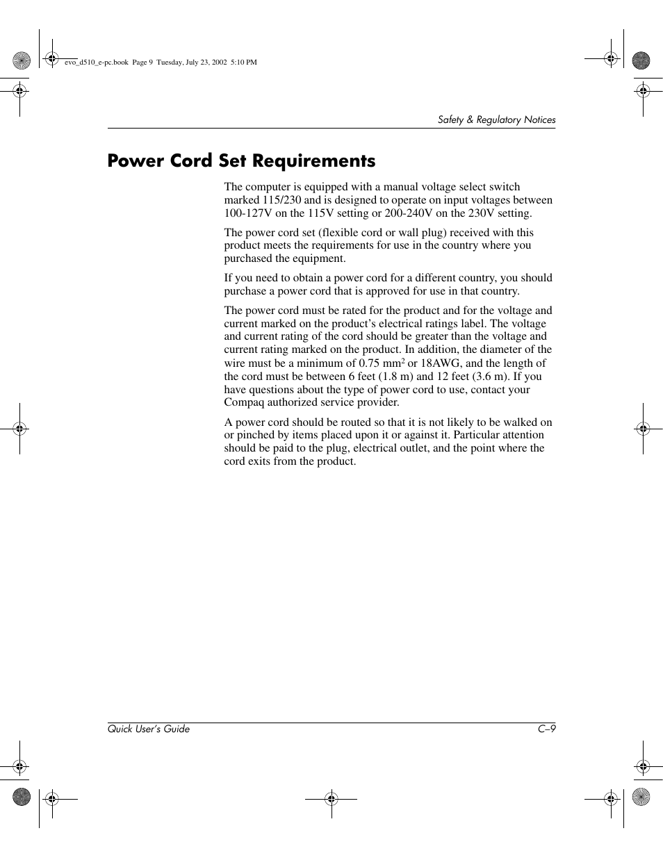 Power cord set requirements | Compaq Evo D510 e-pc User Manual | Page 33 / 35