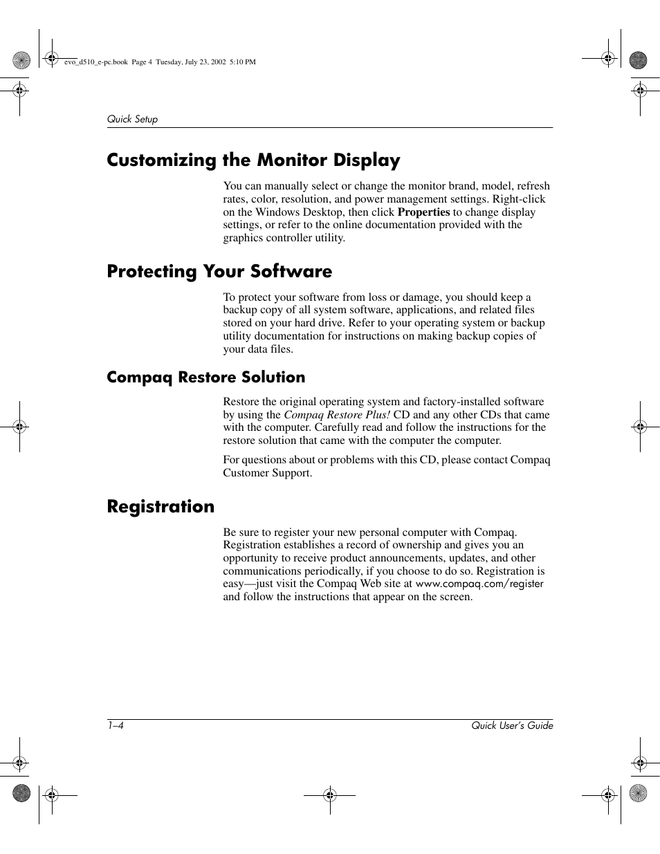 Customizing the monitor display, Protecting your software, Registration | Compaq restore solution | Compaq Evo D510 e-pc User Manual | Page 8 / 35