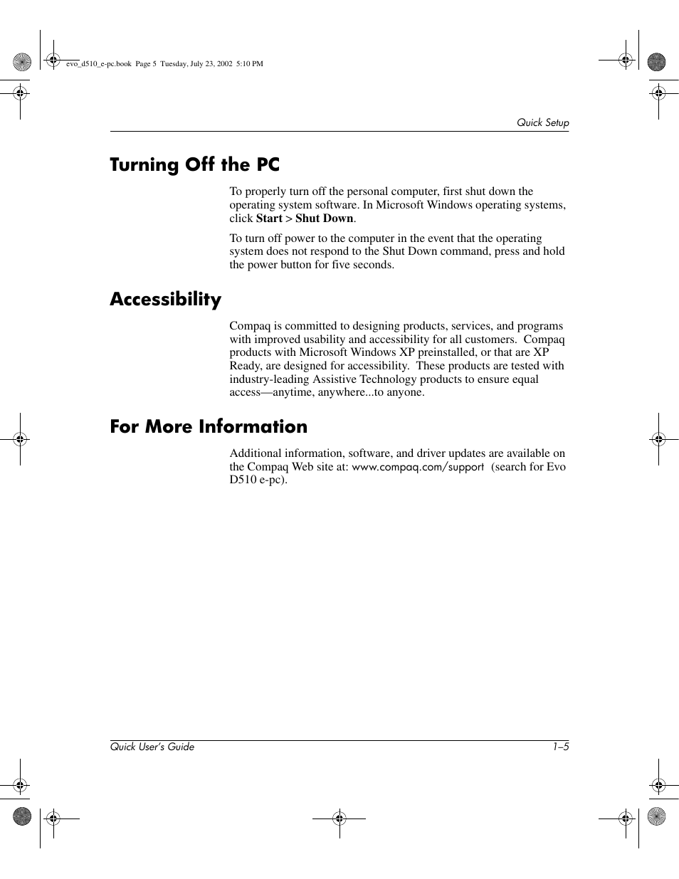 Turning off the pc, Accessibility, For more information | Compaq Evo D510 e-pc User Manual | Page 9 / 35