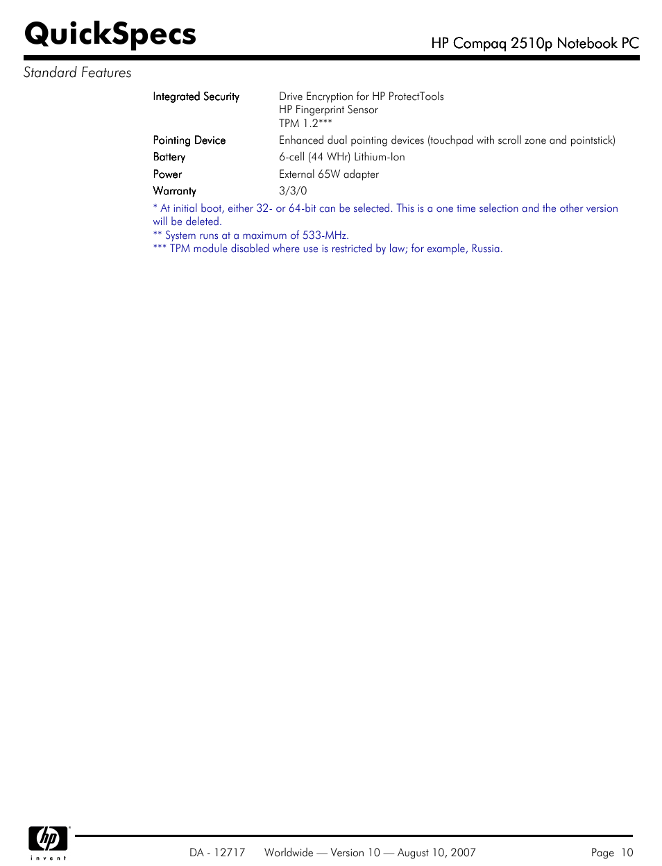 Quickspecs | Compaq 2510p User Manual | Page 10 / 39