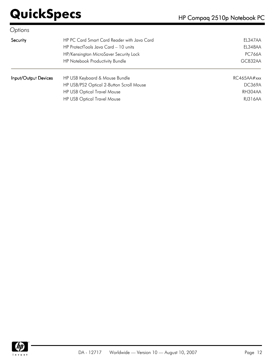 Quickspecs | Compaq 2510p User Manual | Page 12 / 39