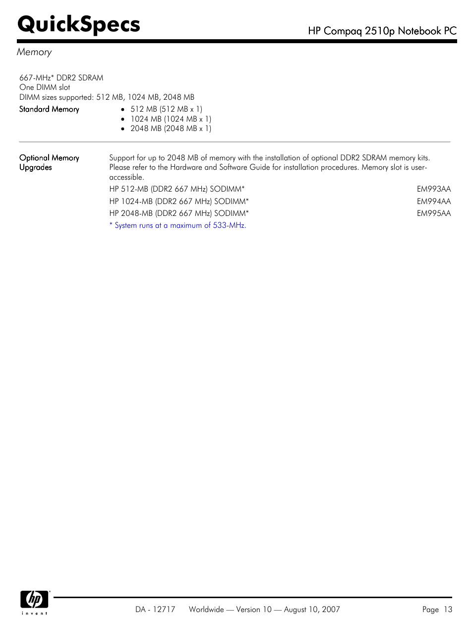Memory, Quickspecs | Compaq 2510p User Manual | Page 13 / 39