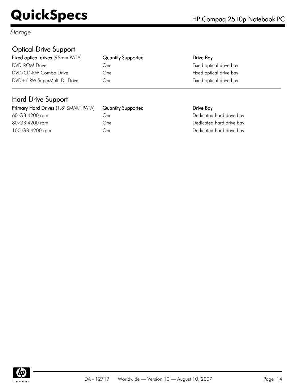 Storage, Quickspecs, Optical drive support | Hard drive support | Compaq 2510p User Manual | Page 14 / 39