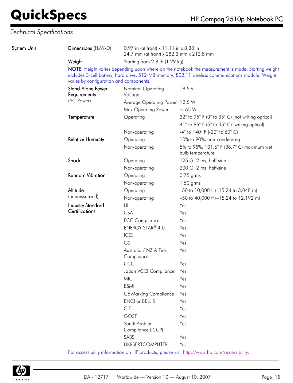 Technical specifications, Quickspecs | Compaq 2510p User Manual | Page 15 / 39