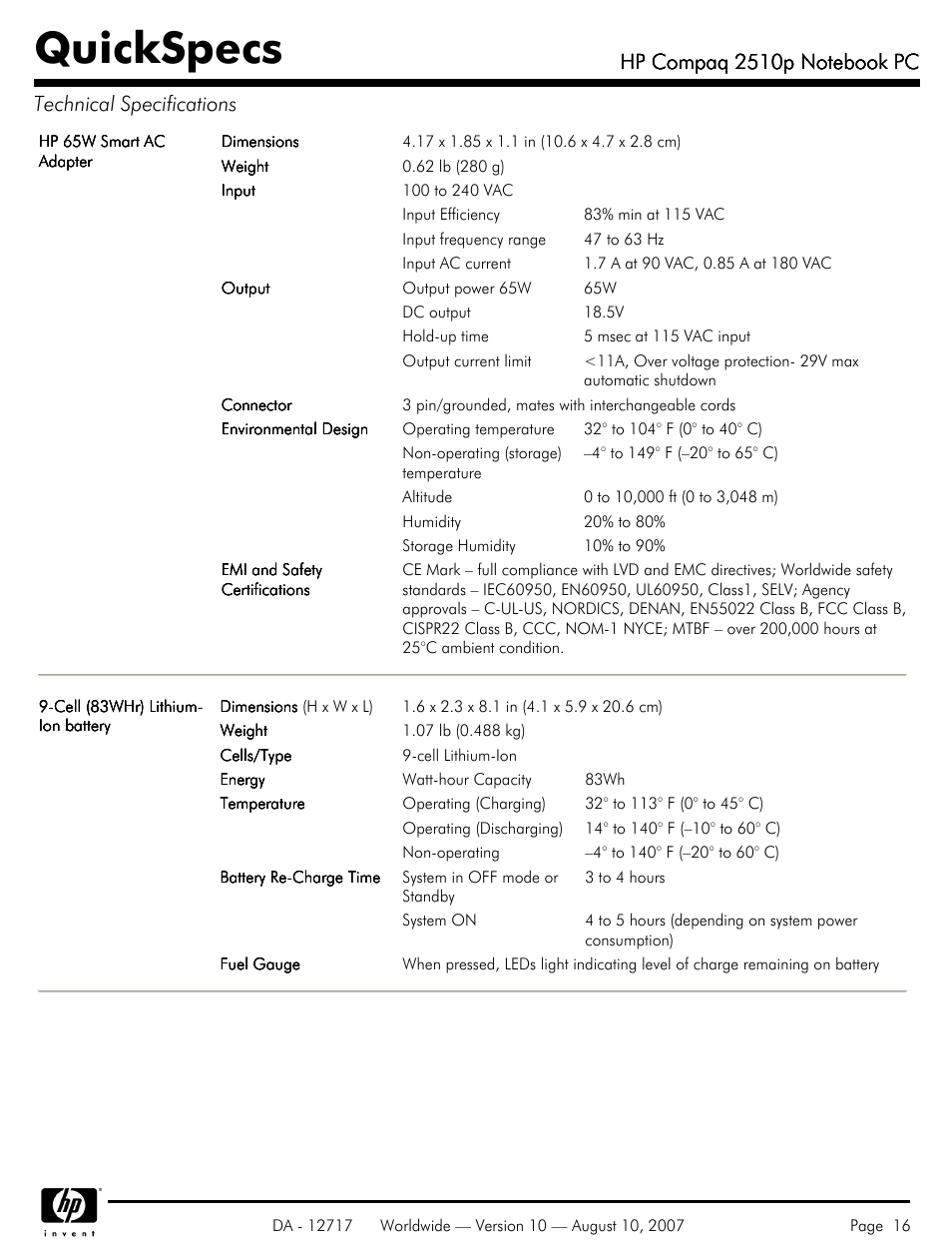 Quickspecs | Compaq 2510p User Manual | Page 16 / 39