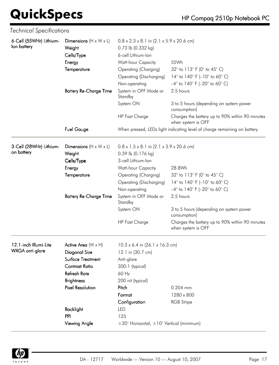 Quickspecs | Compaq 2510p User Manual | Page 17 / 39