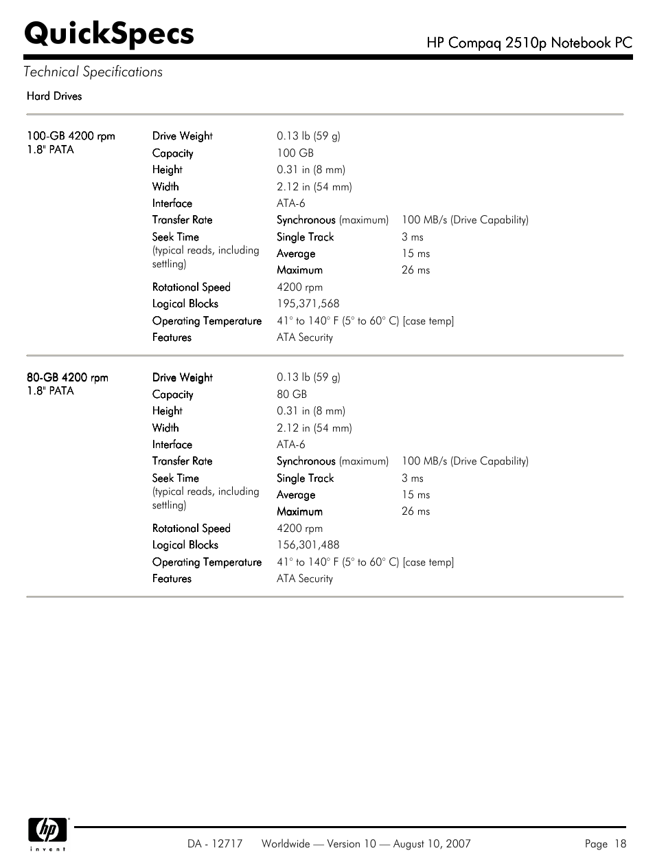 Quickspecs | Compaq 2510p User Manual | Page 18 / 39