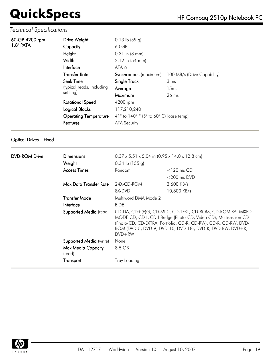 Quickspecs | Compaq 2510p User Manual | Page 19 / 39