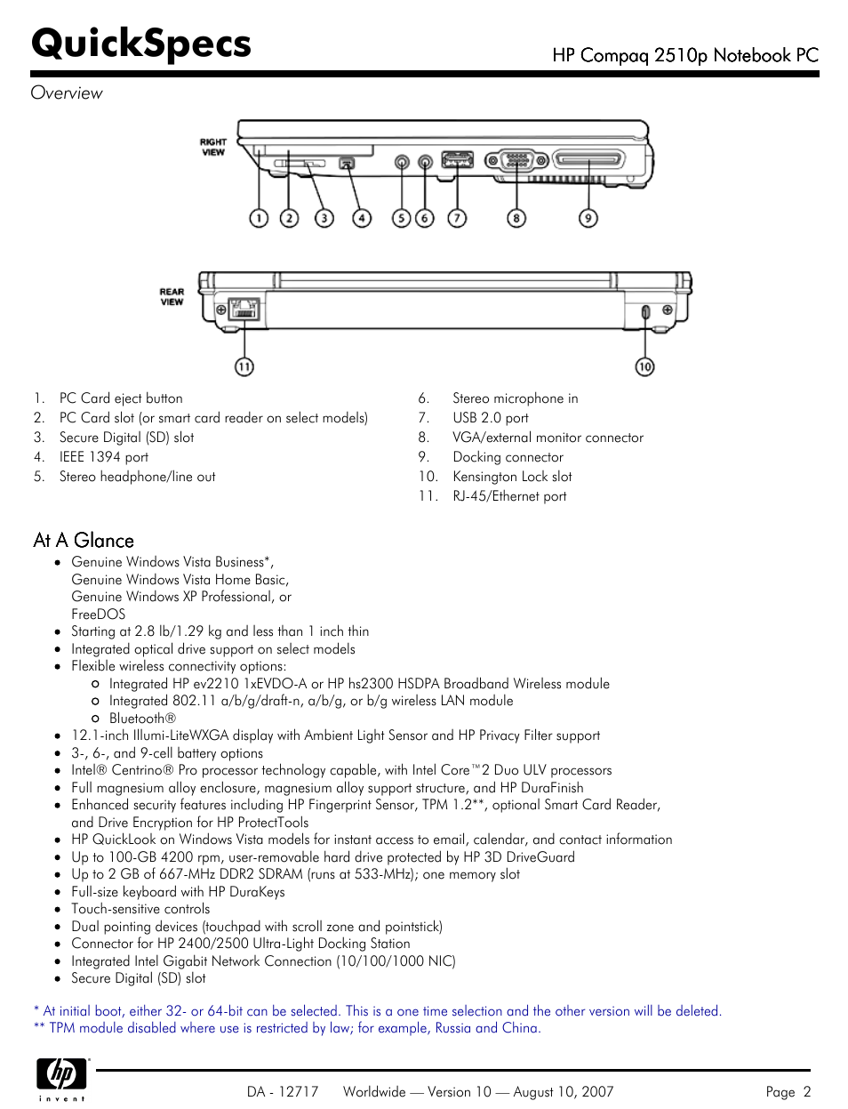 Quickspecs, At a glance | Compaq 2510p User Manual | Page 2 / 39