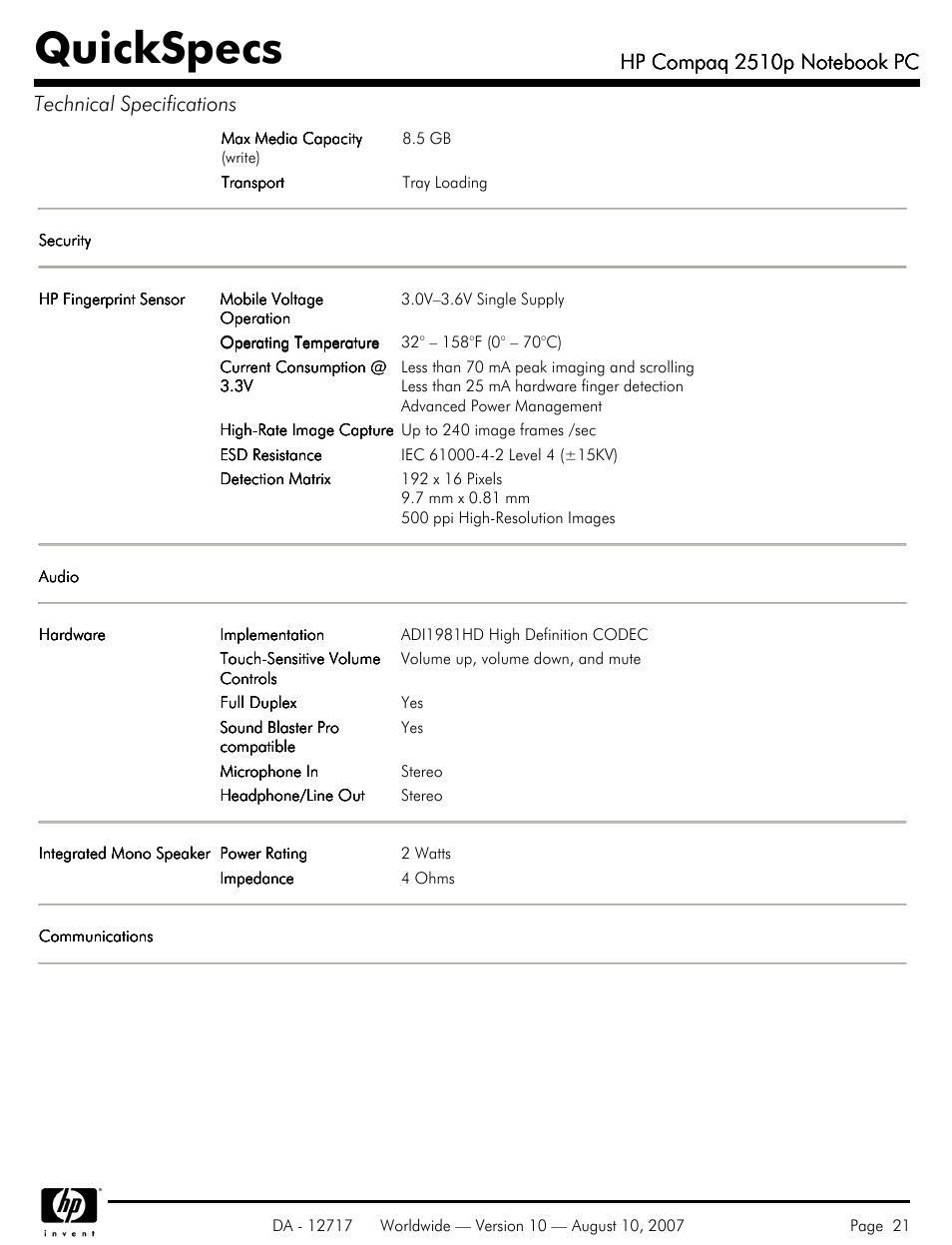 Quickspecs | Compaq 2510p User Manual | Page 21 / 39