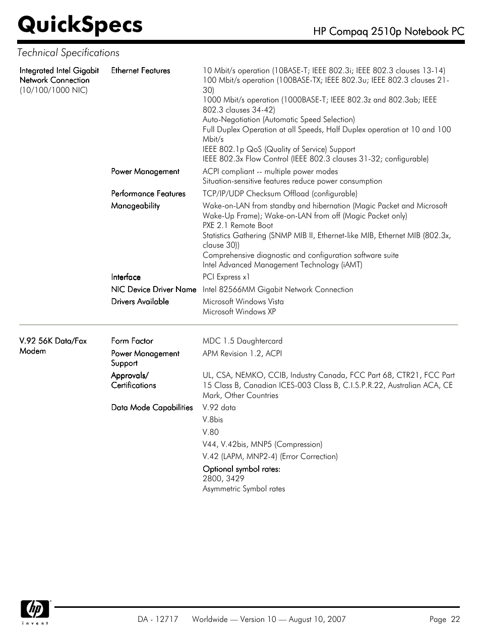 Quickspecs | Compaq 2510p User Manual | Page 22 / 39